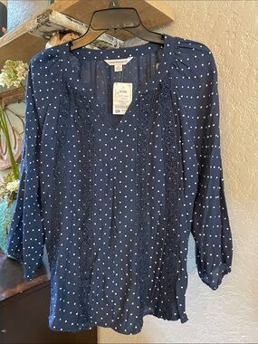 Counterparts Navy Blue Polka Dot Lace-Trim Blouse